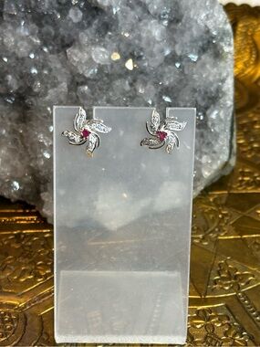Ruby & CZ Sterling Silver Pinwheel Stud Earrings